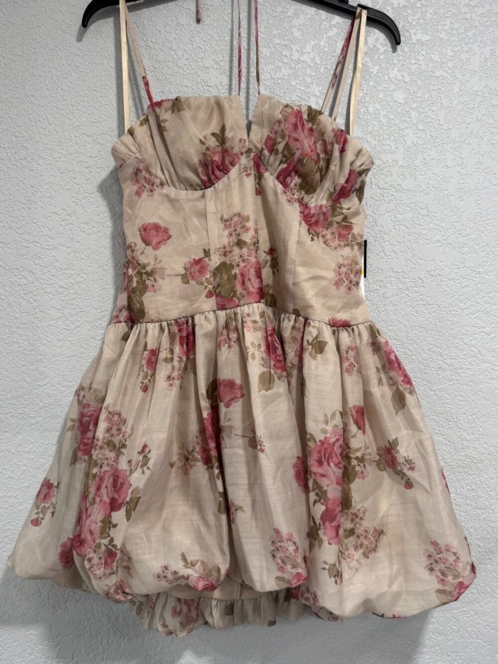Floral Party Dress With Bubble Hemline & Adjustable Straps - Taupe/Pink -